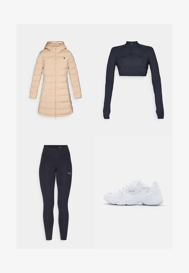 Giacca puffa di un beige chiaro con cappuccio. Presenta polsini a coste, chiusura frontale con zip e un logo triangolare sul lato sinistro del petto. Texture liscia.; Top corto a maniche lunghe blu navy con colletto alto e zip a un quarto, caratterizzato da pannelli spalla testurizzati e una silhouette aderente.; Leggings neri con vita alta, realizzati in tessuto elasticizzato, con un piccolo logo bianco sulla coscia e una texture liscia.; Scarpa sportiva bianca con tomaia in mesh testurizzato, colletto imbottito e suola spessa. Presenta un logo sul lato e chiusura con lacci.