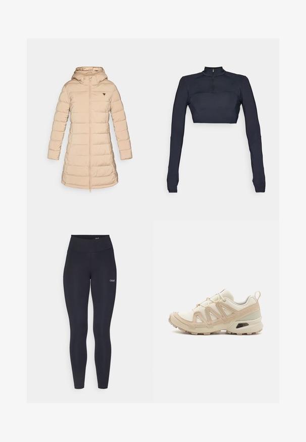 Puffjakke i lys beige med hætte. Har ribbede manchetter, lynlåslukning foran og et trekantet logo på venstre bryst. Glat tekstur.; Mørkeblå langærmet crop top med en mock neck og kvart lynlås, der har teksturerede skulderpaneler og en tætsiddende silhuet.; Sorte leggings med høj talje, lavet af strækbart stof, med et lille hvidt logo på låret og en glat overflade.; Beige og creme atletiksko med struktureret mesh-overdel, støttende overlays og gummiyderside med et mønster for trækkraft.
