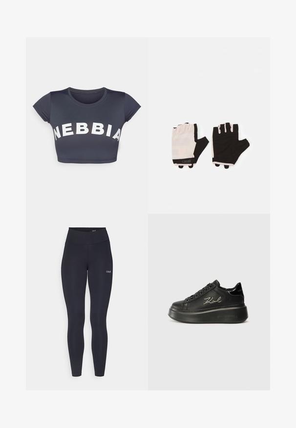 Lett beige pufferjakke med hette. Har ribbede mansjetter, glidelås foran og en trekantet logo på venstre bryst. Glatt tekstur.; Crop topp i mørkegrått stoff med korte ermer. Har stor hvit skrift "NEBBIA" over fronten. Jevn tekstur, rund halslinning.; Svarte leggings med høy midje, laget av elastisk stoff, med en liten hvit logo på låret og en glatt tekstur.; Sorte plattform sneakers med en glatt skinnoverdel, flate lisser og brodert "Karl"-logo på siden. Rund tå og tykk såle.; Treningshansker med et lett rosa og svart design, laget av pustende materiale, med justerbart håndleddsbånd og teksturerte gripeelementer.