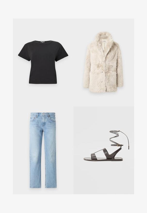 Kočna iz umetnega krzna v kremni barvi z šalom ovratnikom, gumbom za zapiranje in dvema sprednjima žepoma; mehka tekstura in puhast videz.; Črna bombažna majica s kratkimi rokavi, okroglim izrezom in sproščenim krojem. Brez vidnih vzorcev ali kovinskih detajlov. Gladka tekstura.; svetlo modri kavbojke z ravnim krojem, petimi žepi, gumbom in zadrgo, ter nekoliko zbledelim izgledom.; Rjave usnjene sandale s ravnim podplatom, ki imajo minimalističen dizajn, ukrivljen trak za gleženj in več odprtin za zračnost.