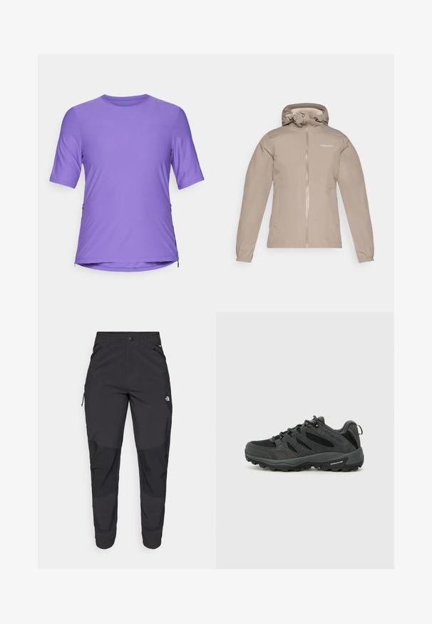 Beżowa wodoodporna kurtka z frontowym zamkiem, regulowanym kapturem, elastycznymi mankietami oraz logo marki na górnej lewej stronie. Gładka tekstura.; Fioletowa sportowa koszulka z krótkim rękawem i okrągłym dekoltem, z gładką fakturą i bocznymi zamkami błyskawicznymi dla wentylacji.; Czarne spodnie outdoorowe wykonane z trwałego materiału. Posiadają kieszenie zapinane na zamek, wzmocnione panele na kolanach oraz prosty krój zapewniający swobodę ruchów.; Columbia REDMOND czarny