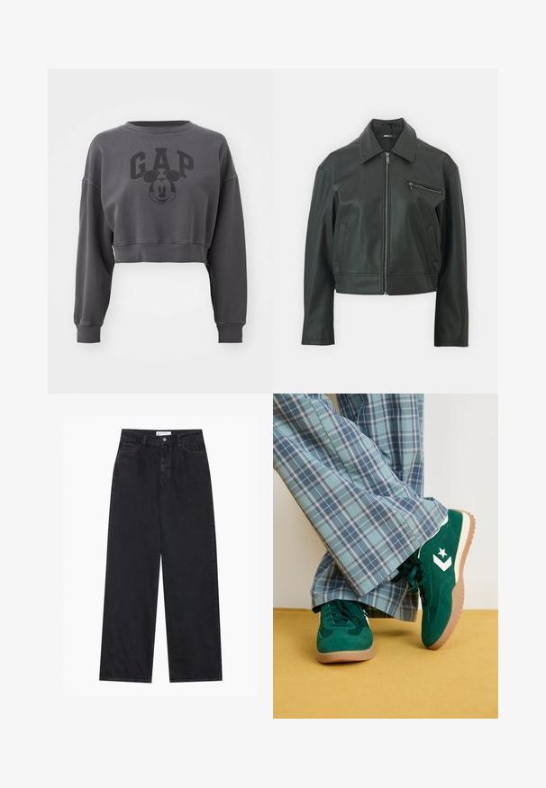 Melna ādas jaka ar apkakles kaklu, priekšējo rāvējslēdzēju un sānu kabatu. Tai ir eleganta, īsāka forma un gluda virsma.; GAP MICKEY - Ikdienas džemperis - panther; Melni augsta vidukļa plaša kāju džinsi ar priekšējo pogu un rāvējslēdzēju, jostas cilpām un piecām kabatām.; Zaļi zamšādas apavi ar baltām akcentiem un zvaigznes logotipu, apvienoti ar platām ziliem ruļļiem, novietoti uz dzeltena grīdas.