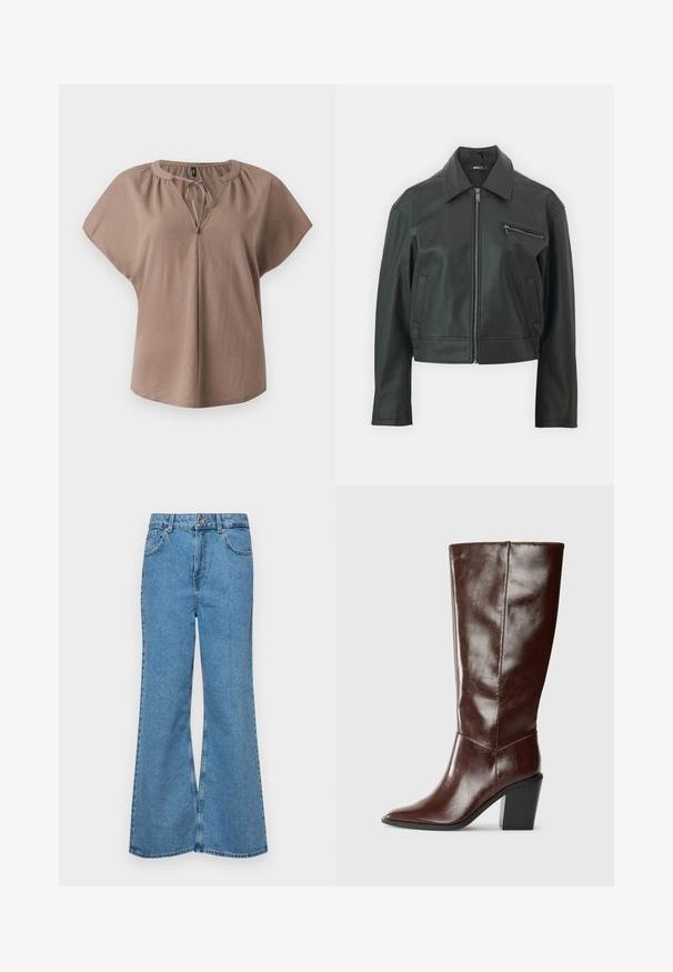 Črna usnjena jakna z ovratnikom, sprednjim zadrgo in stranskim žepom. Ima eleganten, skrajšan dizajn in gladko teksturo.; Rjava bluza s kratkimi rokavi in V-izrezom, s detajlom vezi in sproščenim krojem. Narejena iz mehke tkanine z gladko teksturo in brez vzorcev.; Svetlo modri razširjeni džins hlače iz denima, z visokim pasom, petimi žepi in enim gumbom za zapiranje. Mehka tekstura z blagim zbledelim videzom.; Visok temno rjav usnjen čevelj s koničastim nosom in zloženim blokastim petkom, prikazan s strani na enostavni podlagi.