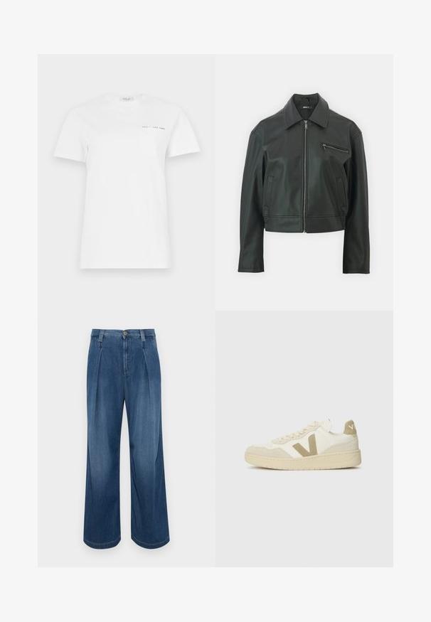 Must must nahk-jakk, millel on kraega kaelus, ees lukk ja küljetasku. Omab peenelt lühenenud disaini ja sujuvat tekstuuri.; Valge puuvillane T-särk ümmarguse kaeluse, lühikeste varrukate ja vasakus rinnataskus. Särgi peal on väike must trükk, millel on tekst "REPLAY EST 1981."; Laiadegusega denimipüksid keskmise sinise pesu värviga. Omab nupukinnitust, kahte eesmist voldikut ja kontrastseid õmblusi. Pehme tekstuur ja sile viimistlus.; Kreemi ülemise osaga sneakersid, beeži nahkade aksessuaaridega ja tekstuurse kummitaldiga. Omab julget 'V' logo ja sidumise disaini.