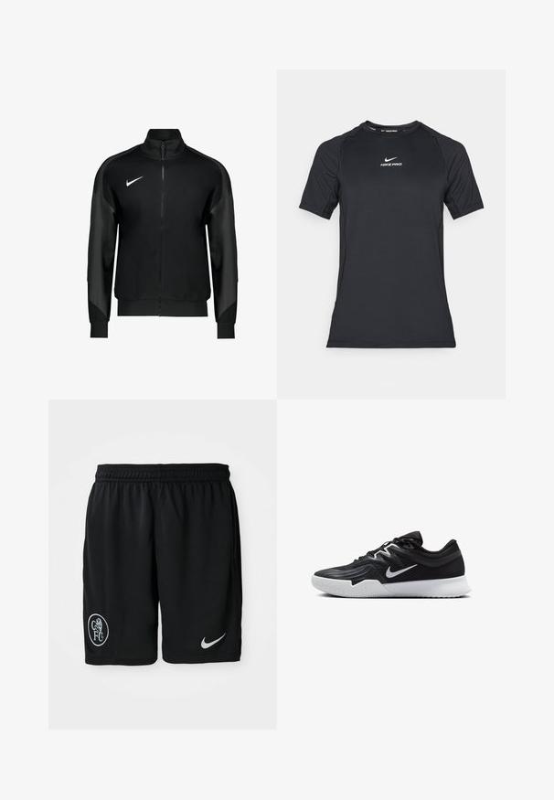 Black Nike track jacket with a full zip, high collar, contrasting fabric panels, and a white logo on the left chest.; Black short-sleeve Nike Pro athletic compression shirt with white Nike logo centered on the chest.; Black athletic shorts made of lightweight fabric, featuring an elastic waistband, side slits, a white Nike logo, and a round CFC emblem.; Black athletic shoe with a textured upper, white Nike swoosh, and a white rubber outsole. Features a lace-up design and dynamic shape.