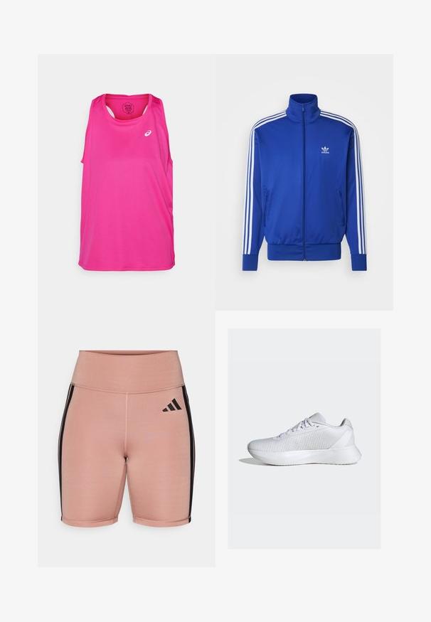 adidas Originals ADICOLOR CLASSICS FIREBIRD - Trainingsjacke - semi lucid blue; Rosa Sporttanktop mit ärmellosem Design, rundem Halsausschnitt und einem Logo auf der Vorderseite. Hergestellt aus leichtem, atmungsaktivem Stoff.; Rosa Sportshorts mit hoher Taille, aus dehnbarem Material. Mit schwarzen Seitenstreifen und dem Adidas-Logo auf der linken Seite.; adidas Performance DURAMO SL W - Laufschuh Straße - cloud white/cloud white/grey five