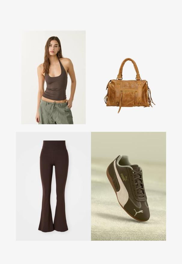 Giacca corta in finto pelo marrone con una texture morbida e soffice, dotata di colletto e maniche lunghe. Senza chiusure o decorazioni visibili.; Giacca marrone a maniche lunghe con zip frontale completa, colletto alto e due tasche frontali, posata piatta su uno sfondo bianco.; Canotta marrone senza maniche con scollatura a girocollo e texture arricciata, abbinata a pantaloni cargo verde oliva con cordino.; Leggings marroni a campana realizzati in tessuto morbido ed elastico, con una vita alta e una silhouette aderente che si allarga alla caviglia.; Sneaker Puma marrone con striscia e logo beige, allacciato, poggiato su una superficie beige testurizzata.; Borsa a mano in pelle color cuoio con due manici corti, tasca con zip, dettagli metallici e nappine decorative laterali. Texture morbida con una finitura leggermente stropicciata.