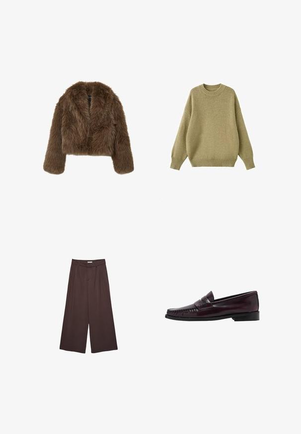 Waren aus braunem Kunstpelz mit einer weichen, flauschigen Textur, ausgestattet mit einem Kragen und langen Ärmeln. Keine sichtbaren Verschlüsse oder Verzierungen.; Strickpullover in einem gedämpften Olivton, mit einem runden Ausschnitt, überschnittenen Schultern und gerippten Bündchen sowie Saum für zusätzliche Textur.; Langärmliges Hemd in zartem Rosa mit vertikalen weißen Streifen. Mit spitzem Kragen, Frontknöpfen und abgerundetem Saum. Weicher Stoff.; Braune, weite Hosen aus weichem Material, mit Falten an der Taille und seitlichen Taschen. Maßgeschneiderte Silhouette mit bequemem Sitz.; Dunkelbraune Herrenleder-Pennyloafers mit schwarzer Sohle und Steppdetails entlang der Spitze, im Seitenprofil gezeigt.