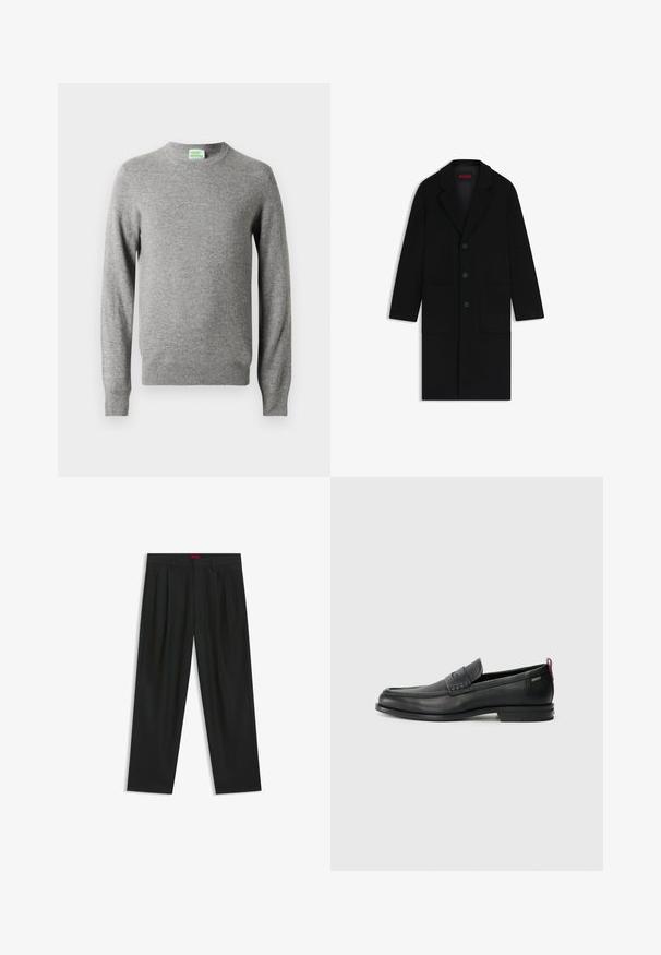 Schwarzer Wollmantel mit Reverskragen, drei vorderen Knöpfen, zwei großen Taschen und einer leichten A-Linie-Silhouette.; Hellgrauer Rundhalsausschnitt-Pullover mit langen Ärmeln, gerippten Bündchen und Saum, mit einem kleinen "From Future"-Label im Nacken.; Schwarze Hose mit einem gefältelten Design, weiter Beinform und glatter Textur. Verfügt über ein rotes Taillenlabel.; Schwarze Lederloafers mit einem strukturierten Vorderteil und glatten Seiten. Sie verfügen über einen schmalen Absatz und eine Schlaufe an der Rückseite für einfaches Anziehen. Klassisches Design.