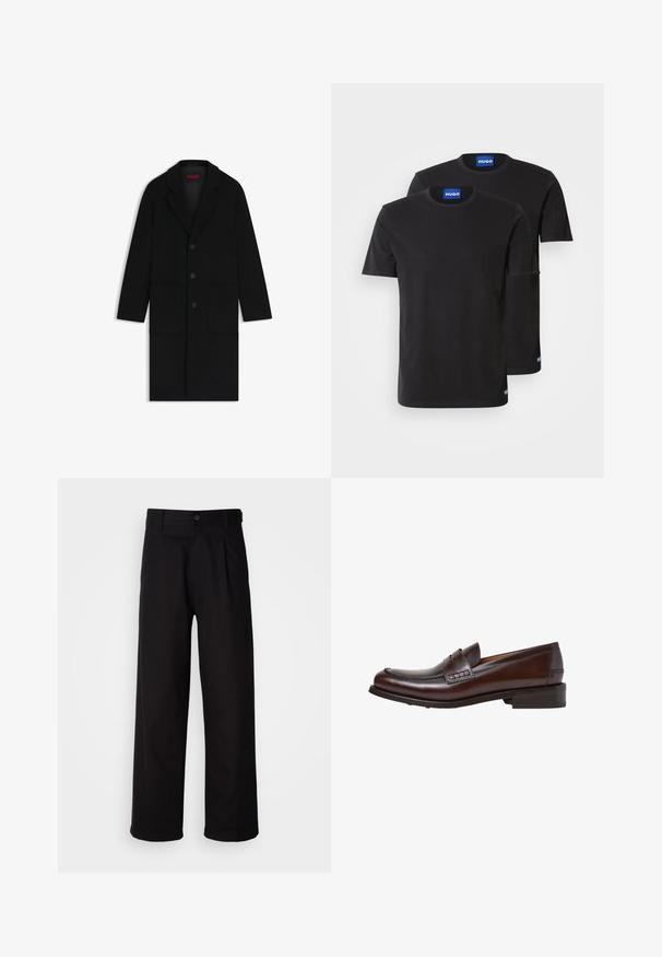 Sort uldfrakke med krave, tre frontknapper, to store lommer og en let A-formet silhuet.; To sorte bomulds T-shirts med rund halsudskæring, korte ærmer og blå "HUGO" mærker på kraverne og siden.; Sorte bukser lavet af glat stof, med lige ben, frontfolder og en enkelt knaplukning i taljen.; Hackett London JAME MIRROW - Mokkasiner - brown