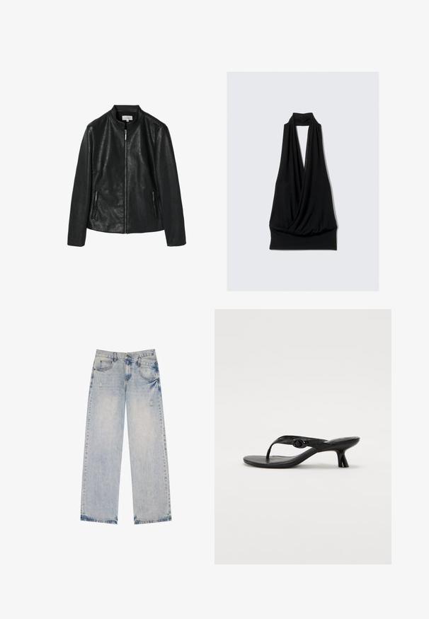 Giacca in faux pelle nera con colletto arrotondato, chiusura frontale con zip e due tasche laterali con zip. Texture liscia, design strutturato, senza pattern visibili.; Top nero senza maniche realizzato in tessuto morbido, caratterizzato da un design drappeggiato con scollo alla halter e un orlo aderente. Nessun motivo o accessorio.; Jeans in denim azzurro chiaro con design a gamba dritta, caratterizzati da dettagli strappati, cinque tasche e cuciture in evidenza.; Call it Spring LOLLAA - Infradito - black