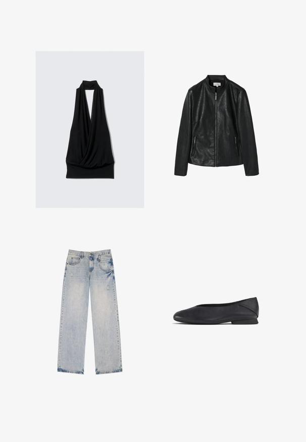 Sort jakkesæt i kunstlæder med en rund krave, frontlynlås og to sidelommer med lynlås. Glat tekstur, struktureret design, ingen synlige mønstre.; Sort ærmeløs top lavet af blødt stof, med et draperet design og en halterneck. Fittet kant uden mønstre eller hardware.; Lysblå denimjeans med lige ben-design, der har slidte detaljer, fem lommer og synlige sømdetaljer.; Sorte læder flade sko med rund tå og lav hæl, designet til både casual og formelt brug.