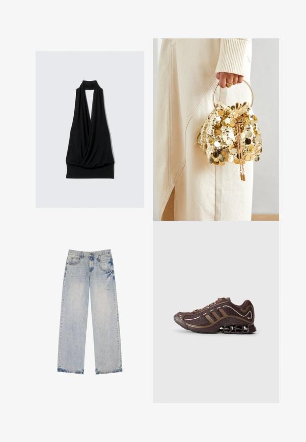 Black faux leather jacket with a rounded collar, front zipper, and two side zip pockets. Smooth texture, structured design, no visible patterns.; Black sleeveless top made of soft fabric, featuring a draped design with a halter neckline and a fitted hem. No patterns or hardware.; Light blue denim jeans with a straight-leg design, featuring distressed accents, five pockets, and visible stitching details.; Brown athletic shoe with mesh and synthetic upper, featuring three stripes, detailed stitching, cushioned sole, and characteristic springy heel.; Gold sequin drawstring handbag with a circular handle, featuring shiny round sequins and a textured fabric. Dimensions are not provided.