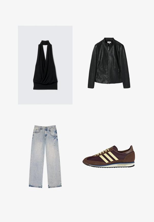 Zwarte neplederen jas met een ronde kraag, een rits aan de voorkant en twee zijzakken met rits. Stevige textuur, gestructureerd ontwerp, geen zichtbare patronen.; Zwarte mouwloze top van zachte stof, met een gedrapeerd ontwerp, halterhalssnit en een aansluitende onderkant. Geen patronen of hardware.; Lichtblauwe spijkerbroek met een recht model, voorzien van versleten accenten, vijf zakken en zichtbare stikseldetails.; Bruine en bordeauxkleurige sneaker van suede en mesh materiaal, met drie crèmekleurige strepen, een gemêleerd stof op de tong en een rubberen zool.