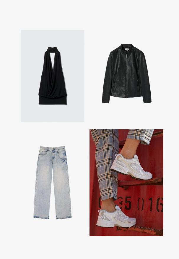 Zwarte neplederen jas met een ronde kraag, een rits aan de voorkant en twee zijzakken met rits. Stevige textuur, gestructureerd ontwerp, geen zichtbare patronen.; Zwarte mouwloze top van zachte stof, met een gedrapeerd ontwerp, halterhalssnit en een aansluitende onderkant. Geen patronen of hardware.; Lichtblauwe spijkerbroek met een recht model, voorzien van versleten accenten, vijf zakken en zichtbare stikseldetails.; Witte mesh sneakers met zilveren accenten en een gestructureerde zool, gepositioneerd op een rode ondergrond, gecombineerd met gestreepte broek.