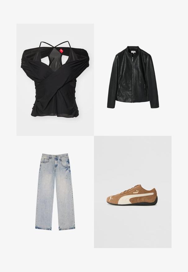 Sort jakkesæt i kunstlæder med en rund krave, frontlynlås og to sidelommer med lynlås. Glat tekstur, struktureret design, ingen synlige mønstre.; 032c DRAPED SWAN EVENING - T-shirts print - black; Lysblå denimjeans med lige ben-design, der har slidte detaljer, fem lommer og synlige sømdetaljer.; Brune ruskind lav-top sneakers med creme accenter, tekstureret overflade, sort gummisål og broderet logo på siden og tungen.