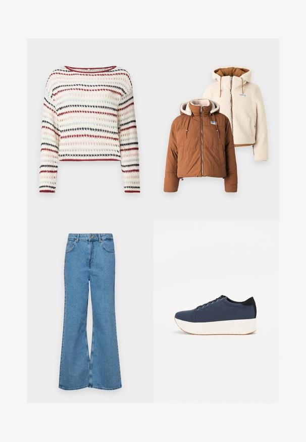 Deux vestes : une doudoune marron avec un col haut et une fermeture éclair à l'avant, et une veste crémeuse duveteuse avec une capuche et un bord élastique.; Pull en crochet à manches longues, encolure ronde ; présente des rayures alternées en crème, rouge, bleu marine et rose clair ; motif texturé.; Jean flare bleu clair en denim, avec une taille haute, cinq poches et une fermeture à un bouton. Texture douce avec une finition décolorée.; Baskets bleu marine avec un upper en tissu texturé, semelle plateforme blanche, bout arrondi et accent noir au talon. Dispose de six œillets pour les lacets.