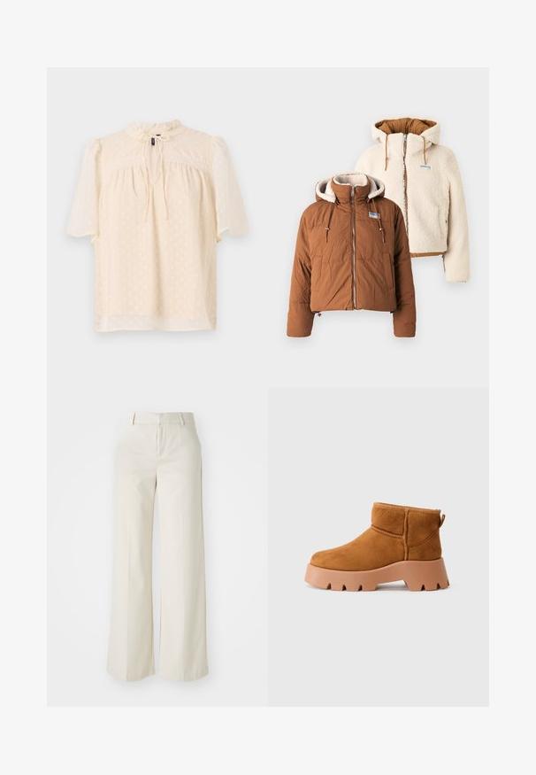Deux vestes : une doudoune marron avec un col haut et une fermeture éclair à l'avant, et une veste crémeuse duveteuse avec une capuche et un bord élastique.; Blouse beige clair avec des manches bouffantes, en tissu texturé présentant de subtils pois, encolure en goutte d'eau avec un lien, et garniture en dentelle le long du empiècement.; Pantalons évasés de couleur beige clair, fabriqués dans un tissu lisse. Dotés d'une taille classique et d'un devant plat aux lignes épurées.; Bottines en daim tan avec un bout rond, une semelle brune texturée et une languette. Comprend une couture et un design de plateforme épaisse.