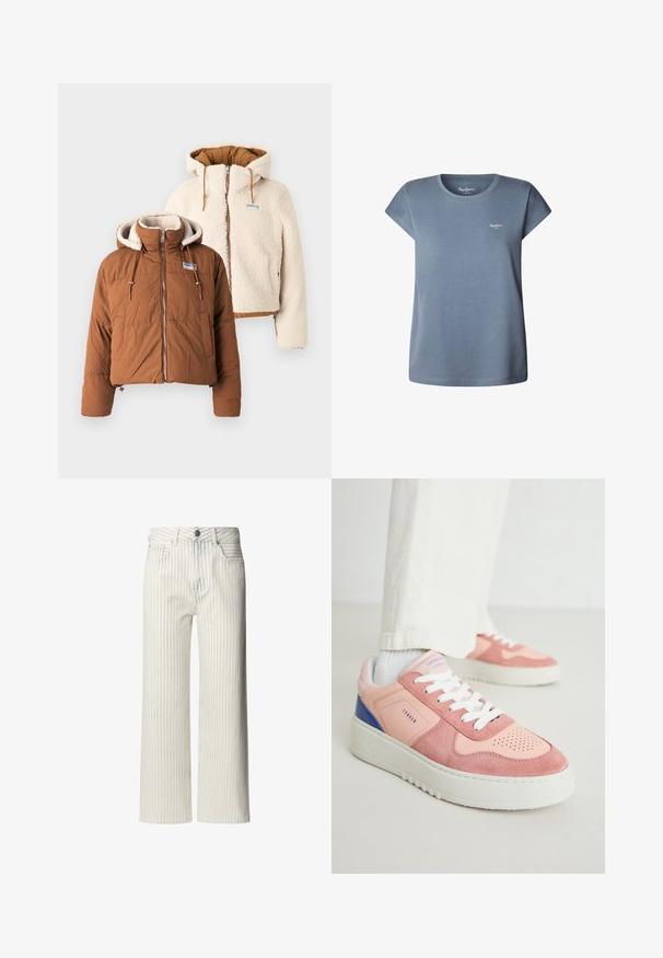 Divas jakas: viena brūna pūkaina jaka ar augstu apkakli un priekšējo rāvējslēdzēju, un viena krēmkrāsas pūkaina jaka ar kapuci un elastīgu malu.; Mīksts zila kokvilnas t-krekls ar apaļu kaklu un īsām piedurknēm. Uz krūšu daļas ir neliels balts logo, un tas ir ar brīvu piegriezumu un taisnu apakšu.; Gaišas krāsas plati bikses ar vertikālām svītrām, izgatavotas no kokvilnas auduma. Tām ir pogāta josta un jostu cilpas.; Rozā un korallis treniņbotes ar zamšas un ādas materiāliem, baltām šņorēm un strukturētu gumijas zolīti. Piemin blue akcenti uz papēža.