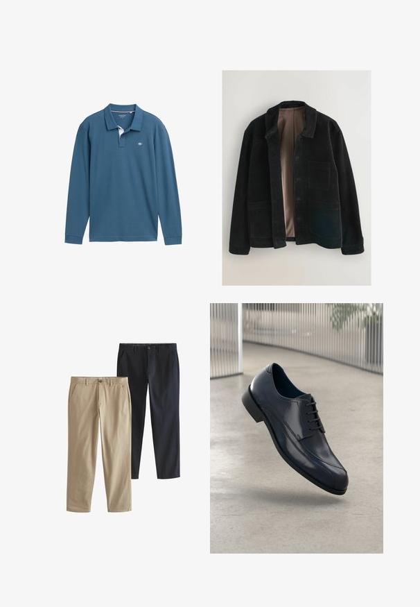 Schwarze Cordjacke mit Kragen, ausgestattet mit einem glatten Innenfutter und zwei Fronttaschen. Der Stoff hat eine vertikale Rippstruktur.; Langarm-Polohemd aus teal Baumwolle, mit einem weißen Unterkragen, drei Knöpfen und einem kleinen Logo auf der Brust.; Zwei Paar gerade Bein Hosen: eine beigen und eine marineblauen. Beide verfügen über seitliche Taschen und einen Knopfverschluss. Glattes Baumwollgewebe.; Glänzender schwarzer Leder-Dressschuh mit Schnürsenkeln, schwebend über einem glatten, hellgrauen Boden und vertikalen Metallstäben im Hintergrund.