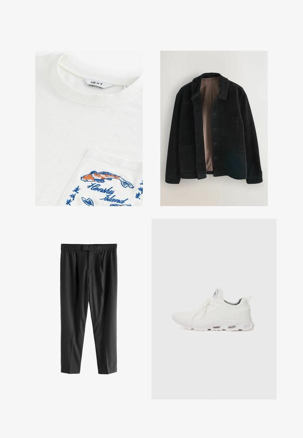 Fekete kordbársony dzseki gallérral, sima bélésű belső résszel és két elülső zsebbel. Az anyagnak függőleges bordázott textúrája van.; Fehér, kerek nyakú póló, amelyen egy zseb látható, színes koi halakkal hímezve és kék "Honsky Island" felirattal. Puha tapintású.; Next REGULAR FIT -CHECK SMART - Vászonnadrágok - black; Fehér sportcipők, texturált kötött felsőrésszel, lapos fűzőkkel és párnázott talppal, amely látható légkamrákkal rendelkezik a megerősített kényelem érdekében.