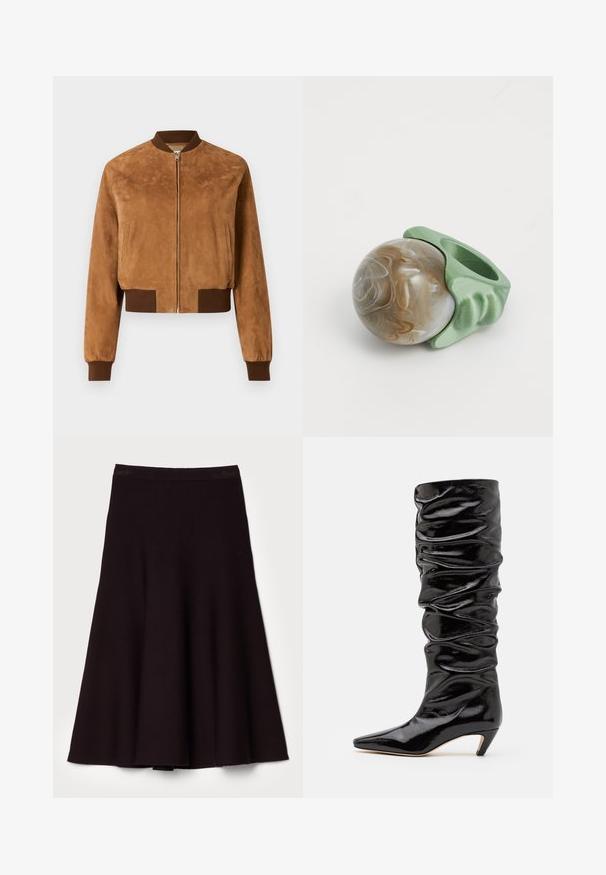Lühendatud, pruun nubukist bomber-jakk, millel on esi tõmblukk, soonikud pruunides varrukates ja küljetaskud, omab siledat tekstuuri.; Pikad varrukad hall ribakudumine topp, ümmargune kaelus, lähedalt salendav siluett, sile tekstuur, ilma nähtavate logode või kaunistusteta.; Must ja flared seelik, mis on valmistatud pehmest kangast, millel on sile vöökoht ja voolav A-line disain, ning põlvepikkune ääre.; Musthave must knee-high saapad, millel on kortsus tekstuur, terav varvas ja madal koonusheel. Silmapaistev materjal õrna sära ja läikega.; Marmoreeritud pruun sfäär, mis on paigutatud tekstuursetesse rohelistesse hoidlatesse, millel on ainulaadne kumer disain ja sõrme väljajätmine.