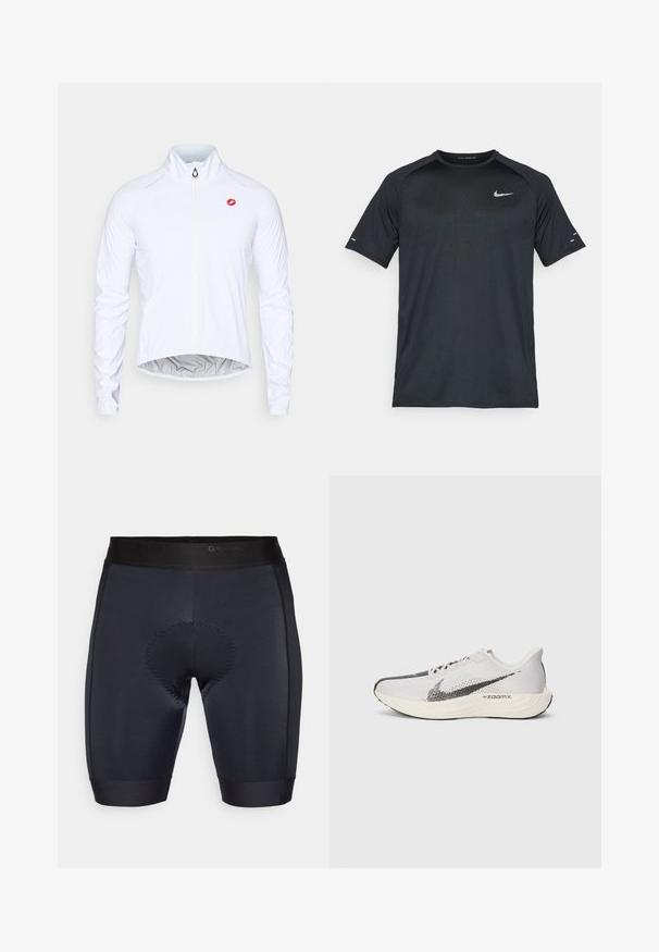 Valkoinen pyöräilytakki, jossa on korkea kaulus, täysipitkä vetoketju ja heijastava punainen logo. Varustettu pitkillä hihoilla ja elastisilla hihansuilla.; Musta Nike urheilu t-paita, jossa on lyhyet hihat, pyöreä kaula-aukko, teksturoitu kangas ja heijastava logo vasemmassa ylärinnassa.; Mustat pyöräilyshortsit, joissa on sileä pinta, keskellä pehmustus ja musta joustava vyötärö, jossa on "GripGrab" -brändäys.; Valkoiset Nike-juoksukengät hengittävällä verkko-yläosalla, mustilla yksityiskohdilla ja kaarevalla pohjalla, johon on merkitty "ZoomX"-brändi sivussa.