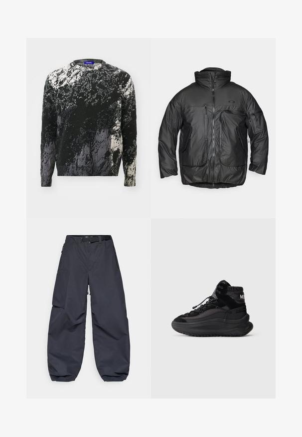 Czarna ocieplana kurtka z wysokim kołnierzem, zamkiem z przodu i wieloma kieszeniami na zamek. Wykonana z gładkiego, błyszczącego materiału o luźnym fasonie.; Czarny i biały sweter dzianinowy z teksturowanym, abstrakcyjnym wzorem, okrągłym dekoltem i długimi rękawami. Miękki materiał o zróżnicowanych odcieniach.; Ciemnoszare spodnie cargo wykonane z miękkiego, trwałego materiału. Mają szeroki, luźny krój, wiele kieszeni oraz pasek w talii do regulacji.; Czarne sneakersy za kostkę z grubą podeszwą, sznurowanym przodem, wyściełanym kołnierzem kostki i teksturowanymi panelami bocznymi na jednolitym jasnym tle.