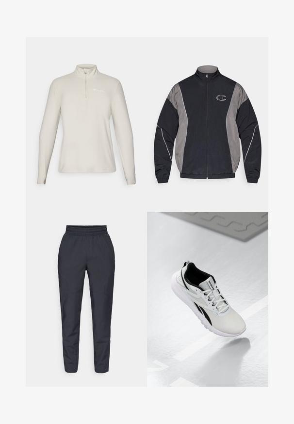Černá a šedá sportovní bunda na zip s vysokým límcem, elastickými manžetami, reflexním lemováním a bílým konturovaným logem "C" na levé hrudi.; Champion HALF ZIP TOP - Fleecová mikina - beige; Námořnické zúžené kalhoty vyrobené z měkké tkaniny, s elastickým pasem, bočními kapsami a hladkou texturou s jemnými švy.; Světlé šedé sportovní boty s černými akcenty, texturovaným síťovaným svrškem, polstrovanou podrážkou a šněrováním. Obsahuje poutko na patě.