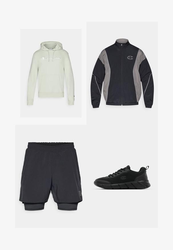Musta ja harmaa vetoketjullinen urheilu takki korkealla kauluksella, elastiset hihansuut, heijastava koriste ja valkoisella ääriviivalla varustettu "C" logo vasemmassa rinnassa.; Vaalean vihreä huppari, jossa on etupuolella kengurupussitasku, nyörillinen huppu ja brodeerattu "Champion" -logo. Valmistettu pehmeästä kankaasta, jossa on ribbireunat.; Mustat urheilusortsit, joissa on joustava vyötärö, kerroksellinen muotoilu ja tiukka sisävuori. Alhaalla on hillitty logo.; Musta urheilukenkä, jossa on verkkomateriaali yläosa, vahvistettu kärki, teksturoitu välipohja ja takana vetonauha helppoa pukemista varten. Logotypografia näkyy sivulla.