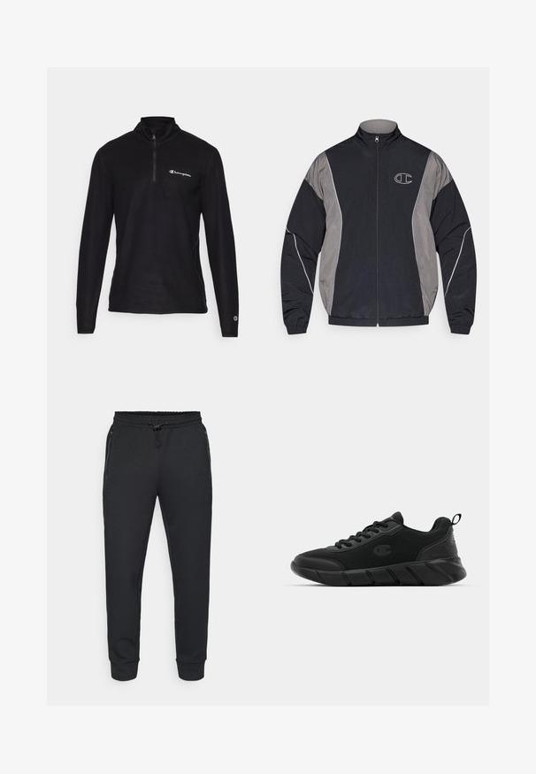 Sort og grå lynlås sportsjakke med høj krave, elastiske manchetter, reflekterende piping og hvidt omrids af "C" logo på venstre bryst.; Sort quarter-zip pullover med lange ærmer, blødt stof, har et lille hvidt logo på venstre bryst og detaljer ved manchetterne.; Sorte atletiske joggers med elastisk talje med snøre, sidelommer med lynlås og ribbede manchetter. Fremstillet af et blødt, struktureret stof.; Sort atletiske sneakers med en mesh-overdel, forstærket tå, struktureret mellemsål og bageste trækhåndtag for nem påføring. Logo vist på siden.