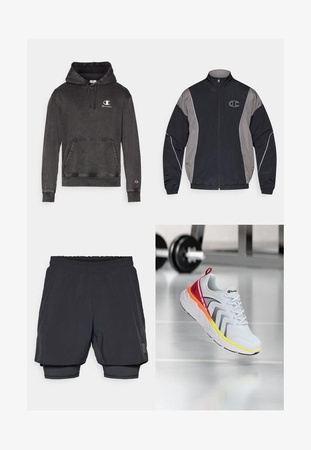 Casaco desportivo com fecho éclair em preto e cinza, com gola alta, punhos elásticos, bainha refletora e logotipo branco contornado com "C" no lado esquerdo do peito.; Moletom preto com cordão, bolso frontal e punhos canelados. Apresenta um logótipo branco no peito e um logótipo menor na manga.; Calções atléticos pretos com um cós elástico, design em camadas e um forro interior ajustado. Apresenta um logótipo discreto na parte inferior.; Sapatilha atlética branca com parte superior em malha, detalhes coloridos em vermelho, laranja e amarelo, apresentando uma sola texturizada e detalhes em preto.