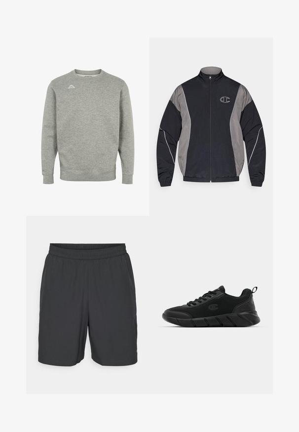 Černá a šedá sportovní bunda na zip s vysokým límcem, elastickými manžetami, reflexním lemováním a bílým konturovaným logem "C" na levé hrudi.; Šedá mikina vyrobená z měkkého materiálu, s kulatým výstřihem, dlouhými rukávy a malým logem na levé horní části hrudi.; Champion TRAINING SHORTS - Sportovní kraťasy - black; Černé sportovní tenisky s horní částí z síťoviny, zesílenou špičkou, strukturovanou mezipodešví a zadním poutkem pro snadné obouvání. Logo zobrazené na boku.