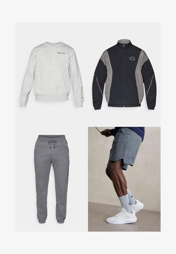 Black and gray zip-up sports jacket with high collar, elastic cuffs, reflective piping, and white outlined "C" logo on the left chest.; Light gray sweatshirt made of cotton blend fabric, featuring a round neckline, ribbed cuffs, and hem. Logo embroidered on the chest in dark blue.; Champion ICONS Elastic-cuff Slim fit - Tracksuit bottoms - foggy; White athletic shoes with textured mesh upper, paired with light blue ribbed socks featuring a logo. Grey athletic shorts with perforated trim.