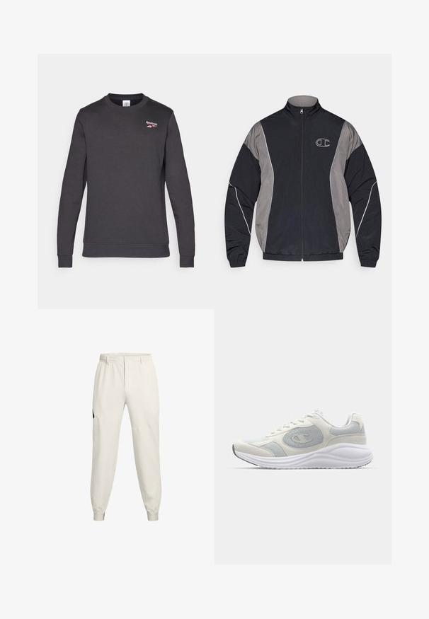 Black and gray zip-up sports jacket with high collar, elastic cuffs, reflective piping, and white outlined "C" logo on the left chest.; Dark grey sweatshirt made of soft cotton blend. Features a round neckline, long sleeves, and a small red Reebok logo on the chest.; Light beige jogger pants with an elastic waistband, side pockets, and ribbed cuffs; feature a black logo accent on the left hip.; White athletic shoe with light gray accents, mesh and suede materials, rounded toe, textured sole, and visible branding logo on the side.