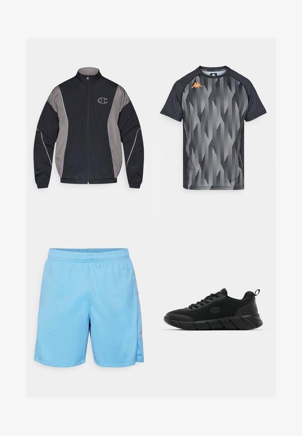 Mustmust ja hall sõjakate tõmblukkkiipiga spordijakk kõrge kraega, elastsete varrukatega, peegeldava äärisega ja valge ääristusega "C" logoga vasakul rinnal.; Must värvi sportlik särk, millel on halli ja valge geomeetrilise triibustikuga muster ning oranž logo vasakul õlal. Lühikesed varrukad.; Heledad sinise sportlikud lühikesed püksid, mis on valmistatud sünteetilisest materjalist. Omavad elastset vöökohta ja kuldset aktsenti küljel. Sile tekstuur, kuni reie keskpaigani ulatuv pikkus.; Musthave mustad spordijalatsid, millel on võrkpinnaga ülemine osa, tugevdatud varvas, tekstureeritud vaheosa ja tagumine tõmblõng mugavaks sissepanemiseks. Logo on külje peal.