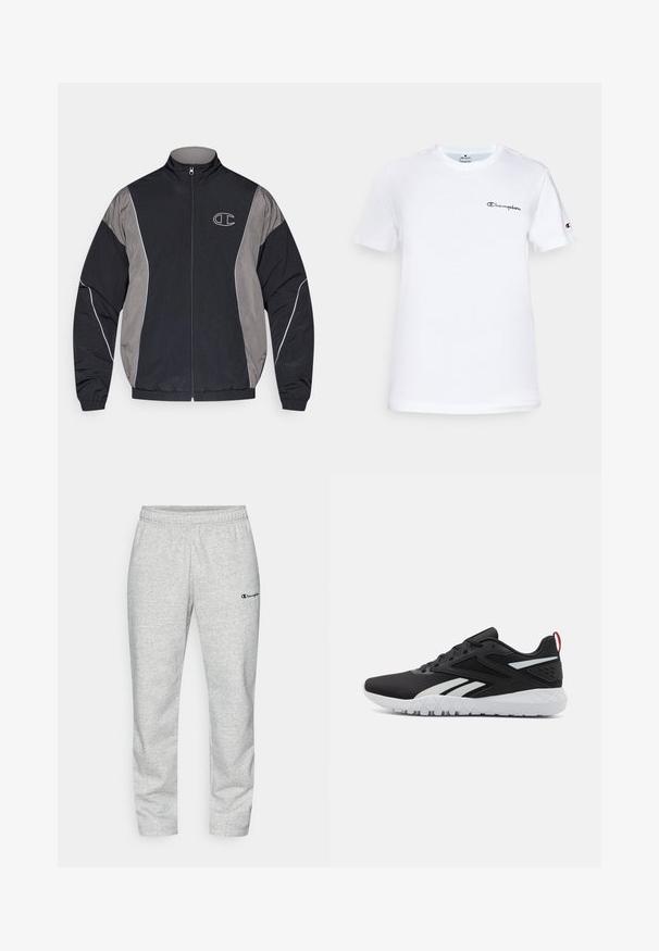Juodas ir pilkas zip-up sportinis džemperis su aukštu apykakle, elastingomis rankogaliais, atspindinčiais dekoratyviniais siūlais ir baltu kontūruoto "C" logotipu kairiajame krūtinės šone.; Balta medvilninė marškinė su apvaliu kaklu, trumpomis rankovėmis ir juodu siuvinėtu "Champion" logotipu ant krūtinės bei rankovės akcentu.; Pilkos medvilnės mišinuko sportinės kelnės, su elastinga juosmens dalimi ir mažuoju išsiuvinėtu logotipu tamsiai mėlynos spalvos kairiajame šone.; Juodi sportiniai batai su tinkliniu viršumi, baltais akcentais, tekstūruotu padu ir raudona kulno juostele, kuri prideda papildomų detalių.