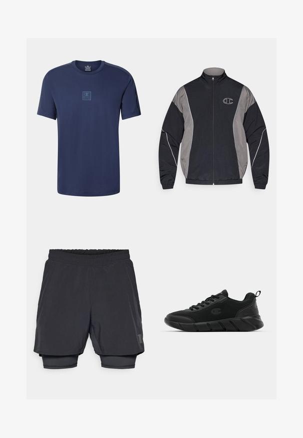 Černá a šedá sportovní bunda na zip s vysokým límcem, elastickými manžetami, reflexním lemováním a bílým konturovaným logem "C" na levé hrudi.; Námorně modré tričko s krátkým rukávem vyrobené z lehkého materiálu. Má logo na hrudi v kontrastní barvě a klasický kulatý výstřih.; Černé sportovní šortky s elastickým pasem, vrstveným designem a přiléhavou vnitřní podšívkou. Obsahují decentní logo na spodní straně.; Černé sportovní tenisky s horní částí z síťoviny, zesílenou špičkou, strukturovanou mezipodešví a zadním poutkem pro snadné obouvání. Logo zobrazené na boku.