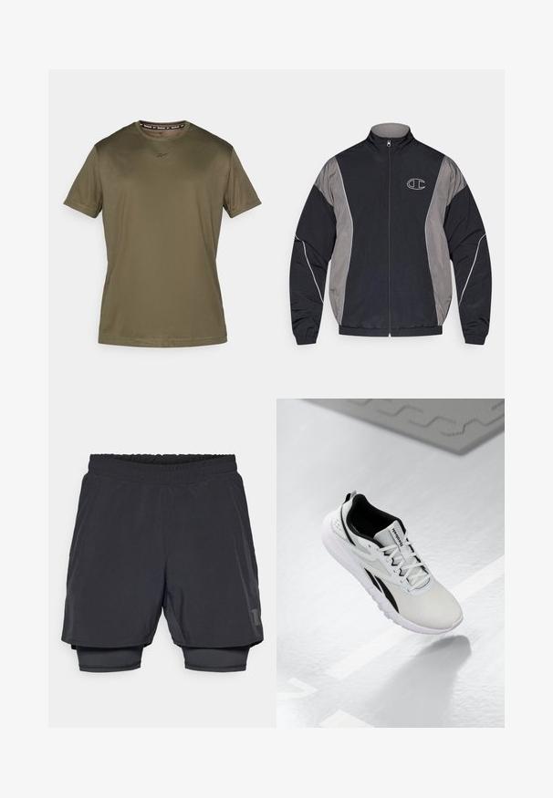 Black and gray zip-up sports jacket with high collar, elastic cuffs, reflective piping, and white outlined "C" logo on the left chest.; Olive green short-sleeve t-shirt made of smooth fabric. Features a round neck and subtle logo on the chest, with a simple, streamlined design.; Black athletic shorts with an elastic waistband, layered design, and a fitted inner lining. Features a subtle logo on the lower side.; Light gray athletic shoe with black accents, textured mesh upper, cushioned sole, and lace-up closure. Features a heel pull tab.