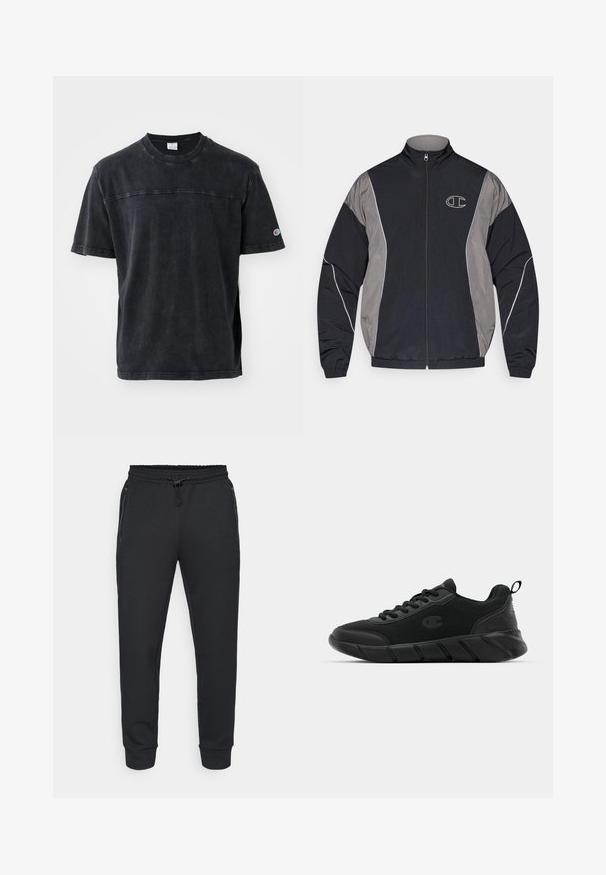 Mustmust ja hall sõjakate tõmblukkkiipiga spordijakk kõrge kraega, elastsete varrukatega, peegeldava äärisega ja valge ääristusega "C" logoga vasakul rinnal.; Musthave musta lühikeste varrukatega t-särk, mis on valmistatud puuvillast. Särgil on klassikaline ümar kaelus, õrn logo detail rinna peal ning kontrastne õmblus õlgadel.; Mustad mustad jooksupüksid, millel on nööriga elastne vöökoht, külgmised vetsu taskud ja ribakudum. Valmistatud pehmest, tekstureeritud kangast.; Musthave mustad spordijalatsid, millel on võrkpinnaga ülemine osa, tugevdatud varvas, tekstureeritud vaheosa ja tagumine tõmblõng mugavaks sissepanemiseks. Logo on külje peal.