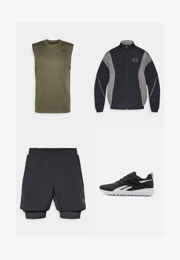 Schwarze und graue Sportjacke mit Reißverschluss, hohem Kragen, elastischen Bündchen, reflektierenden Paspeln und weiß umrandetem "C"-Logo auf der linken Brust.; Reebok TRAIN SLEEVELESS TECH T-SHIRT - Top - army green; Schwarze Sportshorts mit elastischem Bund, schichtweise Design und angepasster Innenauskleidung. Mit einem dezenten Logo an der unteren Seite.; Schwarze Sportschuhe mit einem oberen Teil aus Mesh, weißen Akzenten, einer strukturierten Sohle und einer roten Fersenschlaufe für zusätzliche Details.