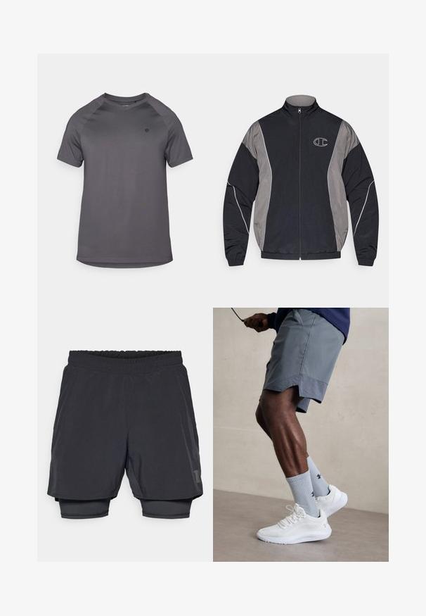 Casaco desportivo com fecho éclair em preto e cinza, com gola alta, punhos elásticos, bainha refletora e logotipo branco contornado com "C" no lado esquerdo do peito.; T-shirt atlético cinza com decote redondo, mangas raglan curtas e textura suave, apresentando um logo no lado esquerdo.; Calções atléticos pretos com um cós elástico, design em camadas e um forro interior ajustado. Apresenta um logótipo discreto na parte inferior.; Ténis desportivos brancos com parte superior em malha texturizada, acompanhados por meias caneleadas azul claro com um logótipo. Calções desportivos cinza com acabamento perfurado.