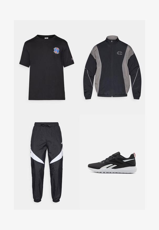 Fekete és szürke, cipzáros sportdzseki magas gallérral, rugalmas mandzsettákkal, fényvisszaverő díszítéssel és fehér keretes "C" logóval a bal mellen.; Fekete pamut póló rövid ujjakkal, melynek mellkasán egy kör alakú piros, kék és fehér kosárlabda grafika található, és a szíjjal egy kis logó van.; Fekete sportnadrág, textúrált anyagból, húzózsinórral ellátott derékkal, fehér diagonális részletekkel az oldalán és elasztikus mandzsettákkal.; Fekete sportcipők, hálós felsőrésszel, fehér részletekkel, textúrázott talppal és piros sarkú szalaggal a további részletekért.