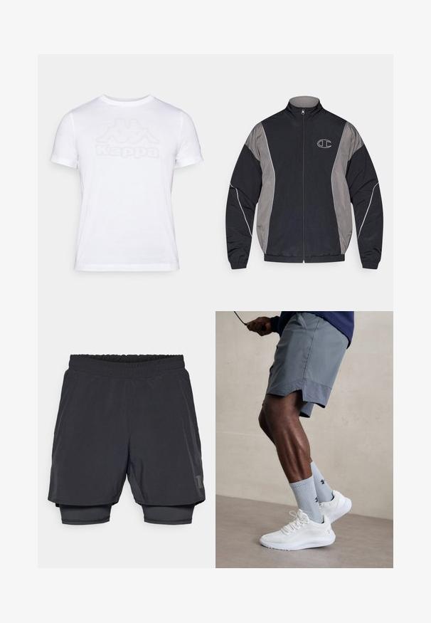 Svart og grå hettejakke med glidelås, høy krage, elastiske ermer, reflekterende detaljer og en hvit omrisset "C"-logo på venstre bryst.; Hvit bomull t-skjorte med korte ermer og rund hals. Har et svakt tonalt Kappa-logo på fronten. Glatt tekstur.; Svartidrettsshorts med elastisk midje, lagdelt design og tettsittende indre fôr. Har en subtil logo på den nedre siden.; Hvite treningssko med teksturert mesh-overdel, kombinert med lyseblå ribbestrikkede sokker med logo. Grå treningsshorts med perforert kant.