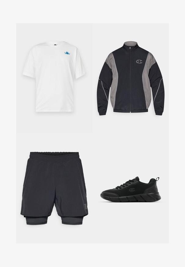 Crna i siva sportska jakna na zatvaranje s visokim ovratnikom, elastičnim manžetama, reflektirajućim trakama i bijelo obrubljenim "C" logotipom na lijevoj strani prsiju.; Bijela majica kratkih rukava s malim plavim logom i tekstom "1967" na gornjem lijevom dijelu prsiju, prikazana na jednostavnoj pozadini.; Crne atletske kratke hlače s elastičnim pojasom, slojevitim dizajnom i uskim unutrašnjim podstavom. Sadrže diskretnu oznaku na donjoj strani.; Crne sportske tenisice s mrežastim gornjim dijelom, ojačanim prstom, teksturiranim međuslojem i stražnjim držačem za lakše obuvanje. Logo prikazan sa strane.
