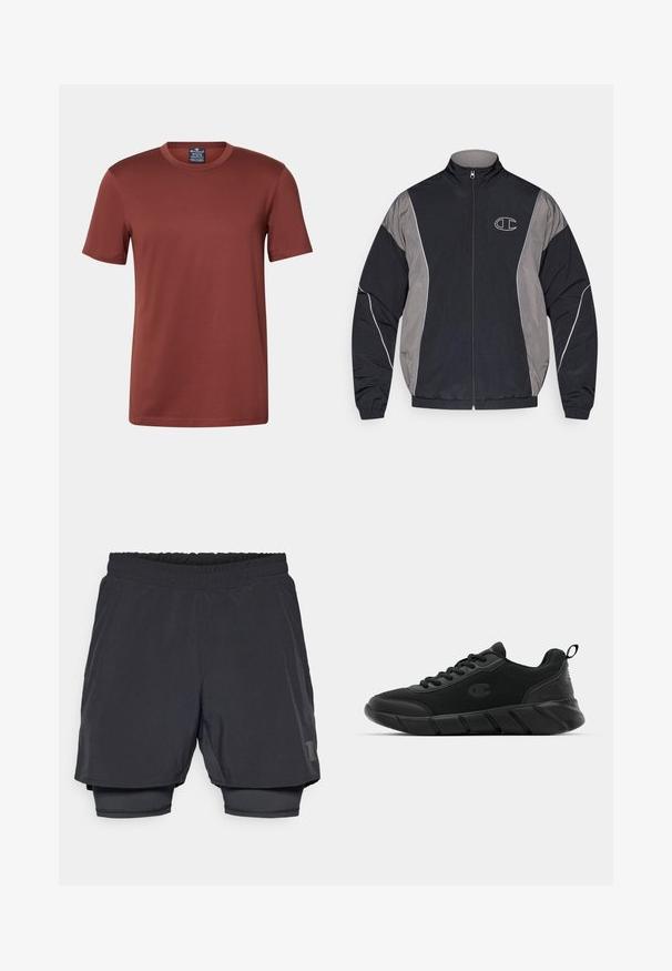 Fekete és szürke, cipzáros sportdzseki magas gallérral, rugalmas mandzsettákkal, fényvisszaverő díszítéssel és fehér keretes "C" logóval a bal mellen.; Champion TECH CREWNECK QUICK DRY - Sportfelső - dark brown; Fekete sportnadrág elasztikus derékkal, réteges kialakítással és illeszkedő bélésrésszel. A alsó oldalon diszkrét logó található.; Fekete sportcipők, hálós felsőrésszel, megerősített orrrésszel, texturált középtalppal és hátsó húzófüllel a könnyű felvétel érdekében. Logó a nyelv oldalán.