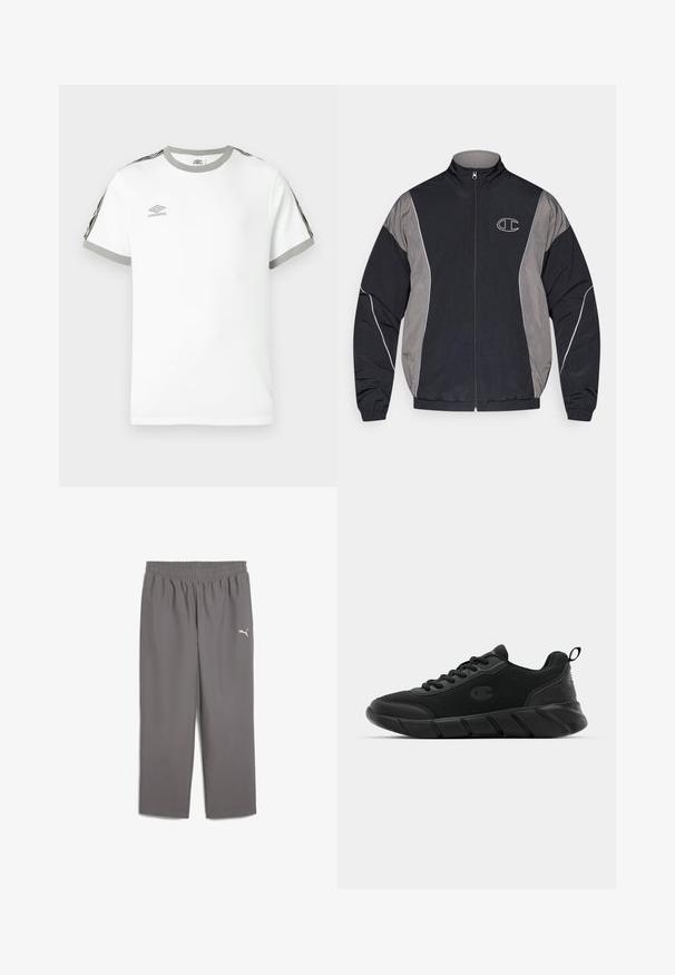 Black and gray zip-up sports jacket with high collar, elastic cuffs, reflective piping, and white outlined "C" logo on the left chest.; White short-sleeve T-shirt with gray collar and cuffs, black and gray stripes on sleeves, and Umbro logo on the chest.; Gray athletic pants with an elastic waistband, made of lightweight fabric. Features a small white logo on the left leg.; Black athletic sneakers featuring a mesh upper, reinforced toe, textured midsole, and rear pull tab for easy wear. Logo displayed on side.