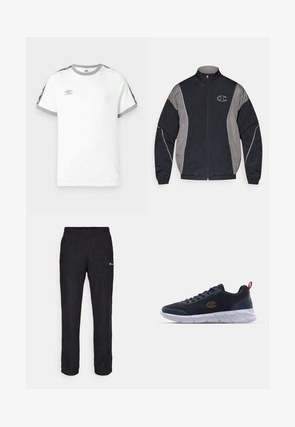 Black and gray zip-up sports jacket with high collar, elastic cuffs, reflective piping, and white outlined "C" logo on the left chest.; White short-sleeve T-shirt with gray collar and cuffs, black and gray stripes on sleeves, and Umbro logo on the chest.; Champion ICONS STRAIGHT PANTS QUICK DRY - Tracksuit bottoms - black; Champion JOLT - Training shoe - navy/koi