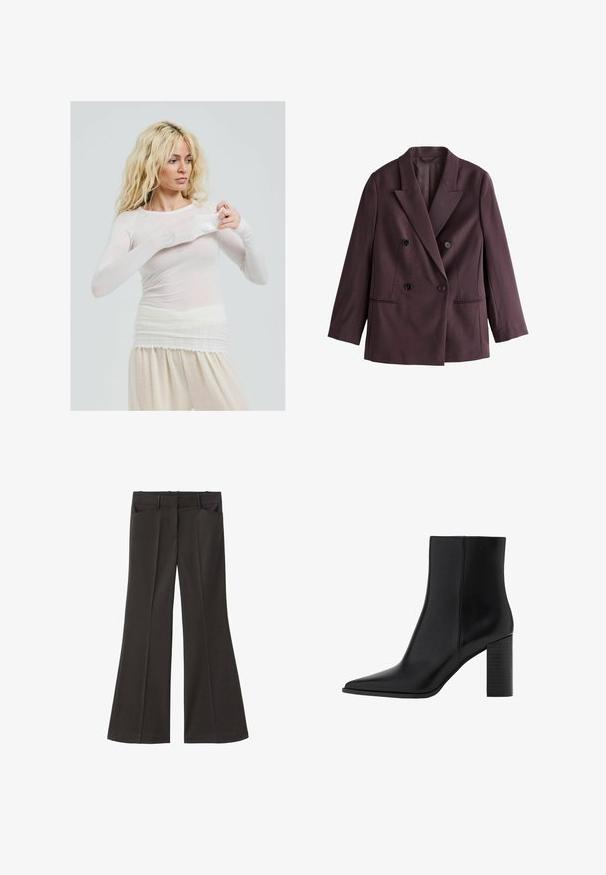Dubbelgeknoopte blazer van donker pruim stof. Bevat gelapte revers, twee zwarte knopen en zijzakken met een gestructureerd silhouet.; Langermige, doorschijnende witte top met een getailleerde stijl. Lichte stof met een zachte textuur. Model past de mouw aan en draagt een crèmekleurige broek.; Zwarte flared broek met een hoge taille; beschikt over twee voorkeurszakken en een gladde stoftextuur. Geschikt voor verschillende gelegenheden.; Zwarte leren enkellaars met een spitse neus, vierkante hak, een gladde textuur en stikdetails langs de naden. De hakken zijn ongeveer 8,9 cm hoog.