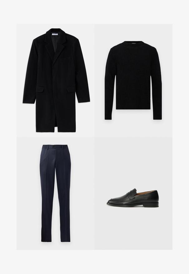 Sort uldfrakke med notched krave, struktureret design, to forlommer og enkelt knaplukning. Glat tekstur og skræddersyet pasform.; Filippa K SWEATER - Striktrøje - black; Marineblå bukser med lige ben-design, elastisk talje, glat front og en enkelt knaplukning. Glat stoftekstur.; Sort læder loafer med rund tå, diskret syning, og lav hæl, der har en glat tekstur og minimalistisk design.